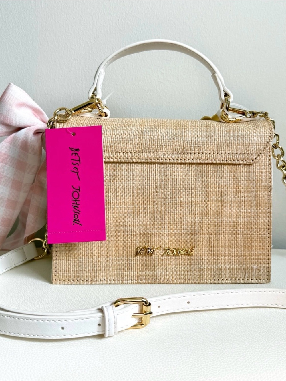 Top-Handle Floral Embellished Straw Satchel in Natural with Pastel Flowers - Picture 9 of 9
